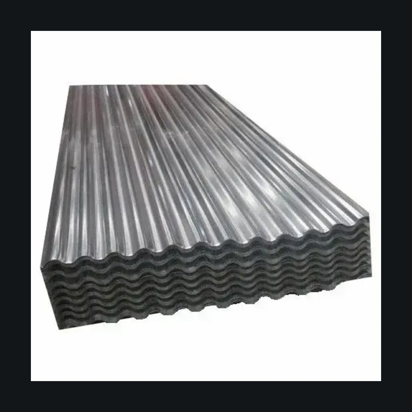 Galvanised GI corrugated roofing sheets stacked, showing zinc spangle texture